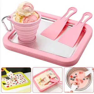 4 Piece Spiral Ice Cream Maker Set, Home Use with Instant Freezing Tray, 2 Scrapers, Silicone Cup, DIY Ice Cream Tray, Stainless Steel Dessert Machine, Kitchen Gadgets, Kitchenware Utensils