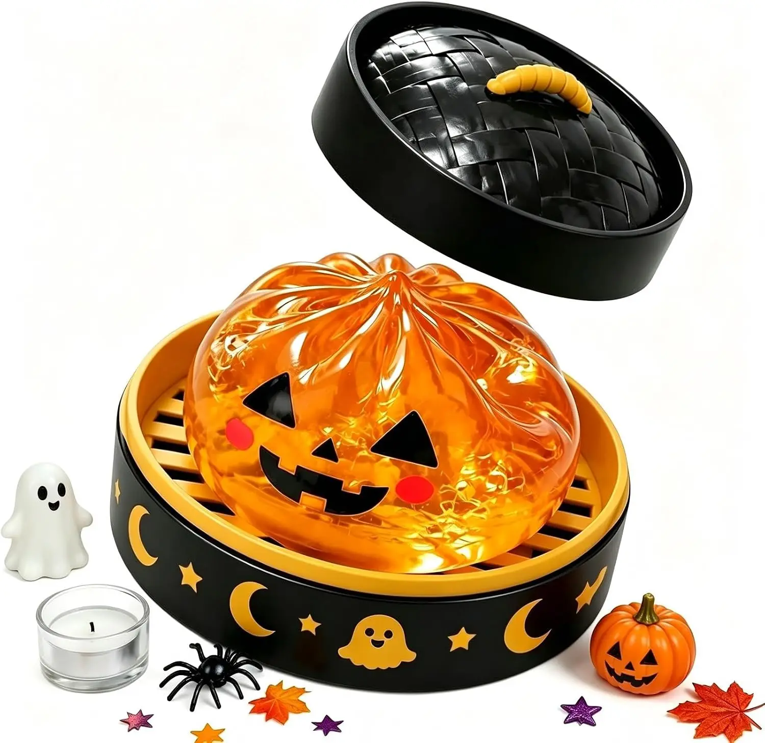 Halloween Spooky Glitter Dumpling Squishies Toys, Dumplings Stress Balls for Adults Fidget Toy with Steamer, Cute Halloween Decor Ghost Bao Bun Squishes for Anxiety Relief, Orange