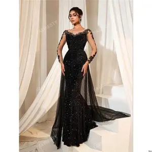Elegant and Luxurious Flowing Sequin Mermaid Gown with Floral Embroidery Sheer Fabric |     Tie Evening Dress(Raincoats)