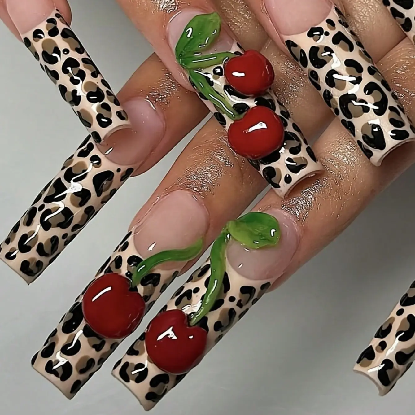 Handmade Press On Nails Art Set, 10Pcs Extra Long Square Red Cherry Leopard Print Nails with Glitter Rhinestones, Sparkly Butterfly Embellishments for Party Use, Nail Art Set