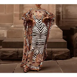 Printed Plus Size Loose Robe with Batwing Half Sleeve V-Neck Long Skirt Casual Street Hip Hop Style All Over Print Zebra Dress for Women Spring Wear