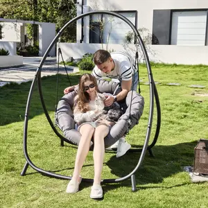 ZZWHOM Heavy Duty Egg Swing with Stand, 350lbs Capacity Steel Frame Hanging Chair, Spacious 37.5’’ Seat with Cotton Rope & Deep Cushion, Easy Assembly for Patio Garden