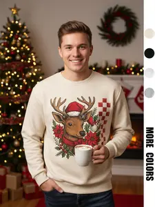 Classic Men's Round Neck Sportswear, Trendy Comfortable Knit Design, Warm Christmas Pullover, Deer Letter Pattern, Fashion Holiday Outdoor Wear