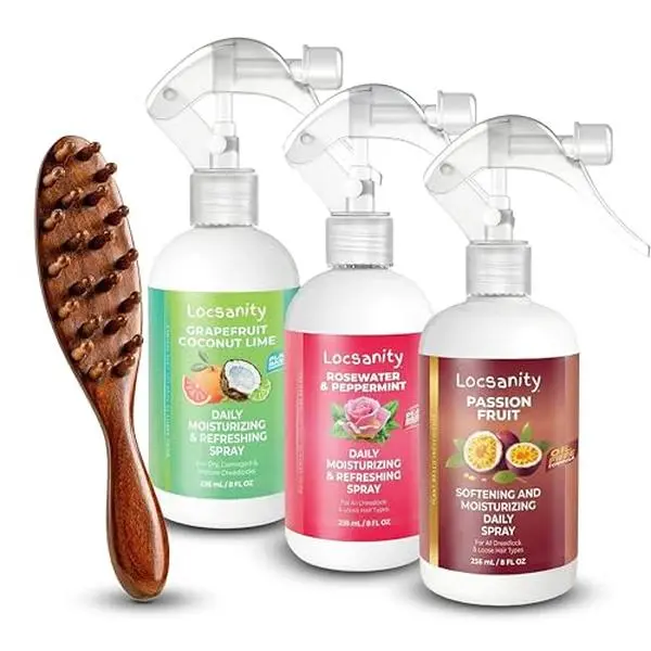 Locsanity 4-Piece Vegan Dreadlocks Loc Moisturizing Bundle - Daily Haircare Kit for Traditional Locs with Scented Rosewater, Peppermint, Passion Fruit, Citrus Sprays, Lightweight Argan Oil Coconut Moisturizer, Soothing Sandalwood Brush, Sisterlocks, Frizz