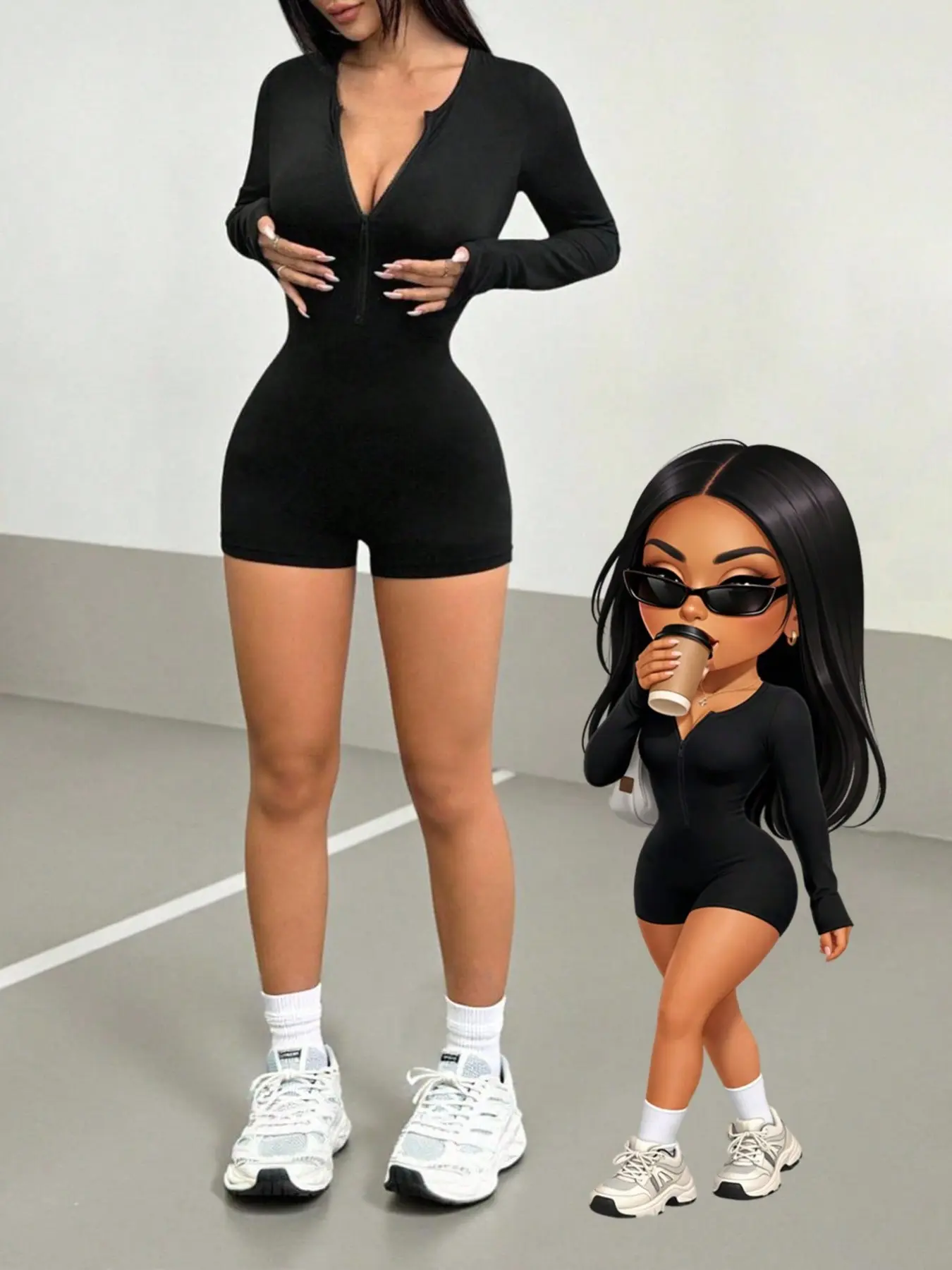 Women's Deep V Neck Zipper Long Sleeve Romper, Elastic Tight Fit, Casual Street Style Streetwear, Perfect for Daily Wear, Parties, Vacations, Slimming and Versatile