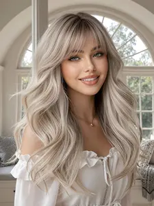 Ash Blonde Long Wavy Wig with Dark Roots and Bangs – Natural Heat Resistant Synthetic Hair for Women