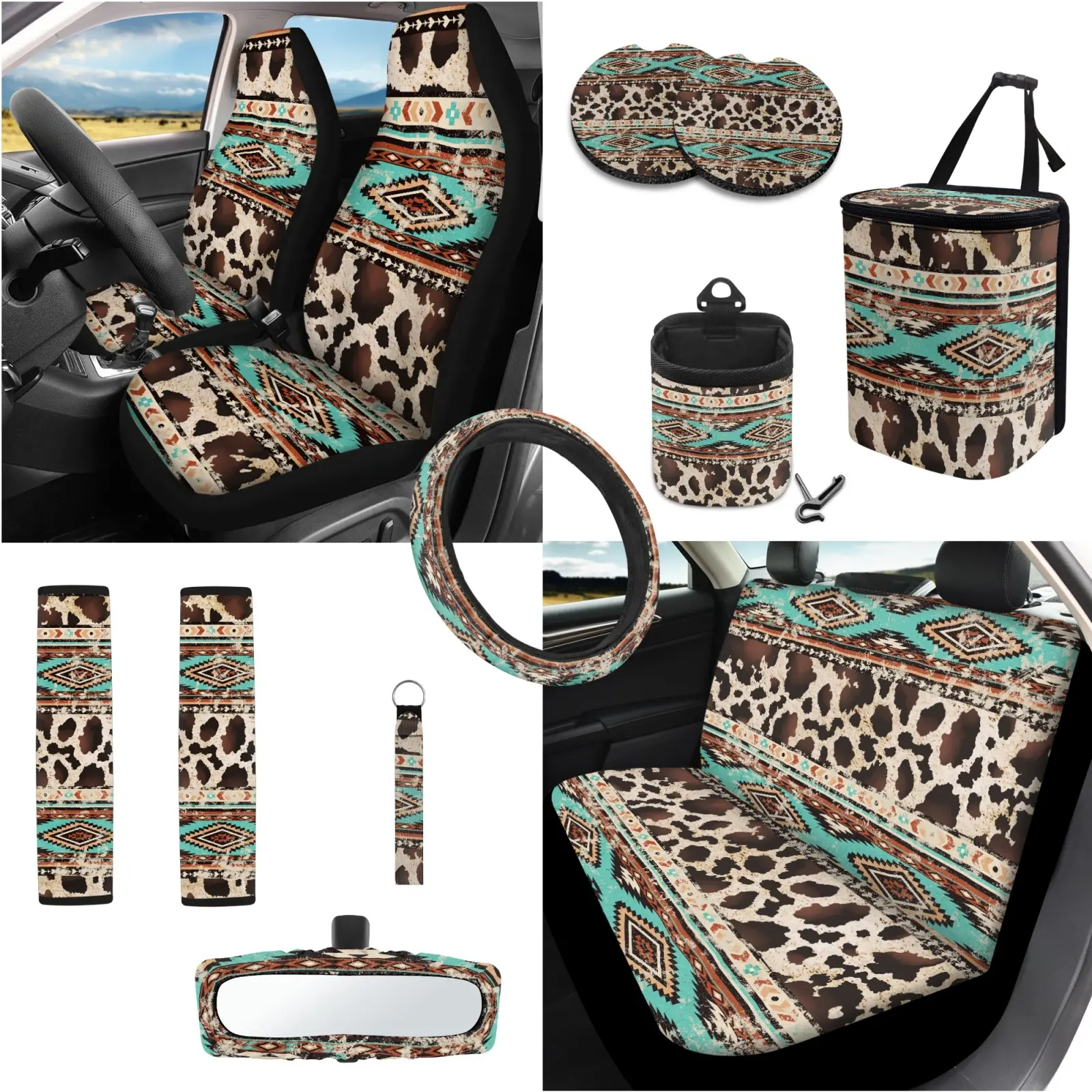 Aztec Cow Print Full Car Seat Cover Kit, Vintage Southwest Western Car Interior Accessories for Country Girls, Washable Durable Seat Protector with Steering Wheel Cover Cup Coasters, Perfect for Beach Camping Road Trip Summer Vacation Getaways