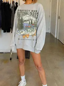 Oversized Protect Our National Parks Graphic Crewneck Sweatshirt | Vintage Outdoor Nature Fishing Aesthetic Y2K Clothing | Soft Cotton Casual Streetwear for Hiking Camping Adventure | Trout Mountain River Print Loose Fit Pullover Top for Women Teens Trend