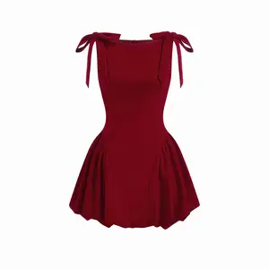 Cider Velvet Boat Neck Bowknot Bubble Hem Mini Dress Dealsforyou
