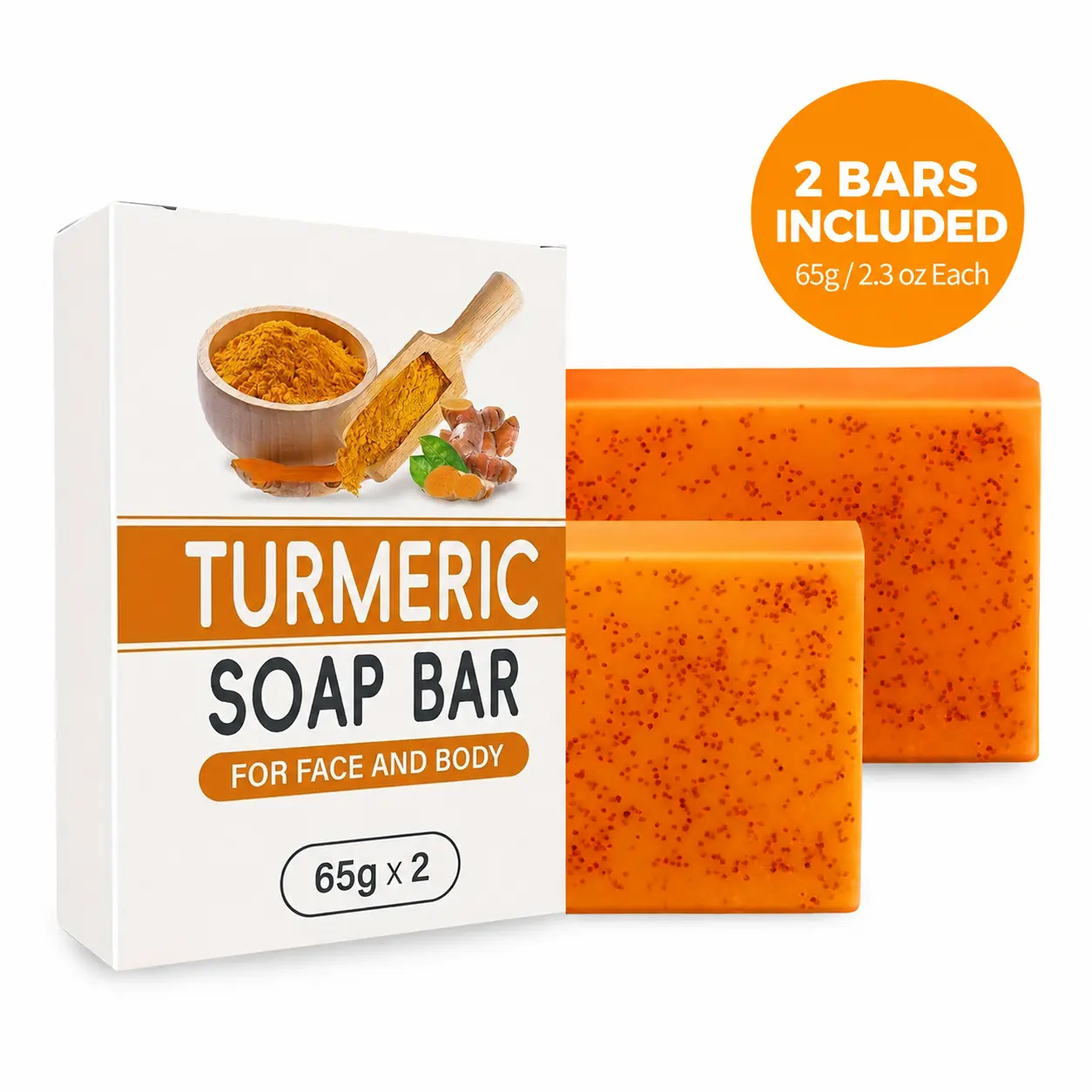 Turmeric Kojic Acid Bar Soap for Brightening & Dark Spot Correction - Exfoliating Sudsy Cleanser for Face & Body Care, Cruelty Free, 2-Pack, Turmeric Bar Soap, Youth, Sudsy Cleaning, Natural Turmeric