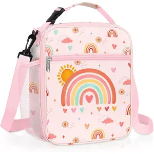 X-LBK01 Pink Rainbow Insulated Lunch Bag for Kids, Portable Large Thermal Cooler Lunch Bag for Girls, School Lunch Box Bag with Bottle Holder
