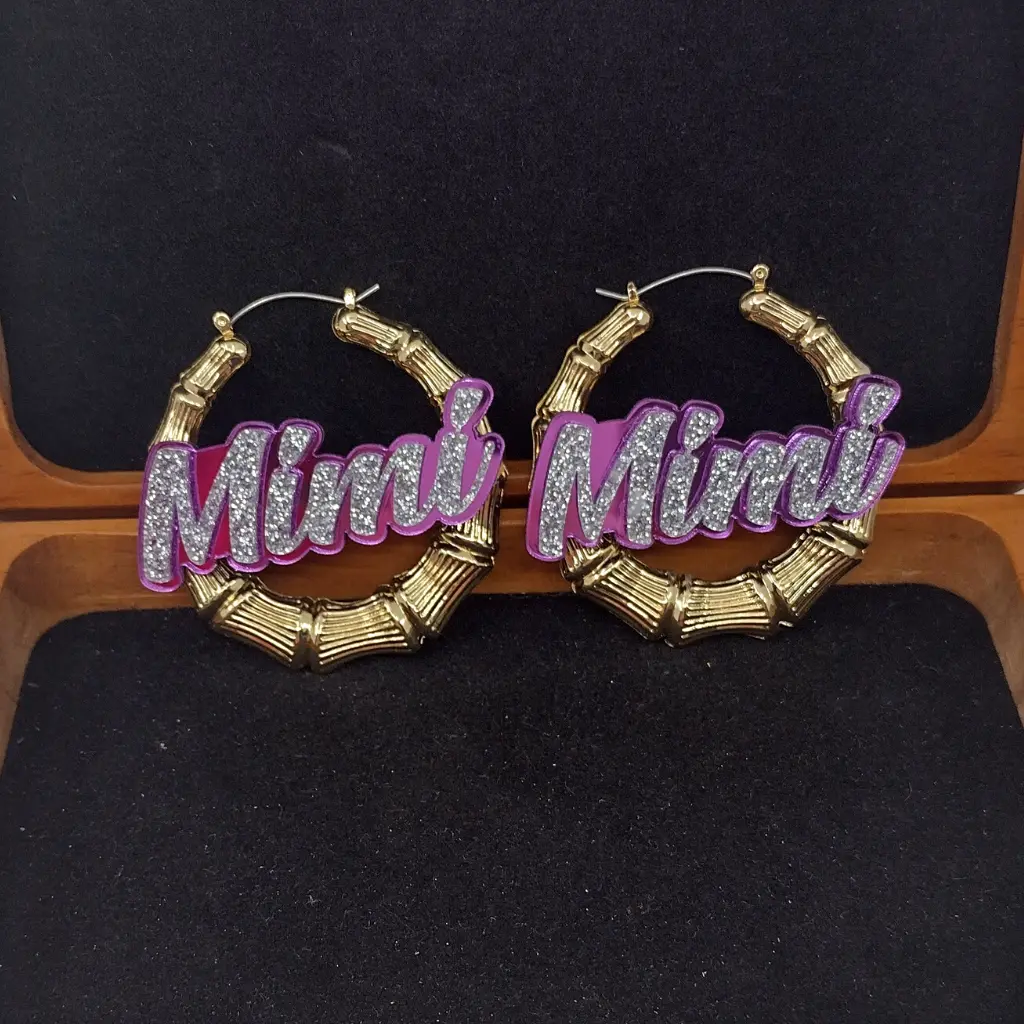 Custom Name Gold Bamboo Hoop Earrings with Personalized Text and Background – Customizable Statement Jewelry for Women, Girls, Teens – Bling Hip Hop Style, Trendy Fashion Accessory, Birthday Gift, Christmas Gift, Custom Gold Name Earrings