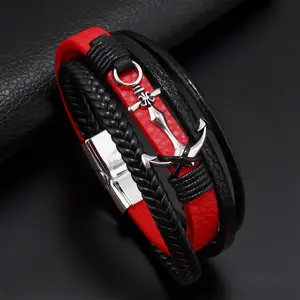 [Trendy Nautical Bracelet] Vintage Nautical Anchor Bracelet  Classic Unisex Faux Leather with Magnetic Clasp, Trendy & Cool Style for Parties/Music Festivals, for Teenager