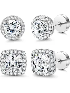 14K Flat Back Round Square Stud Earrings for Men Women Large Big Cubic Zirconia Stud Earrings Mens Earrings Flatback Earrings Ear Studs Earrings Set Earrings Jewelry
