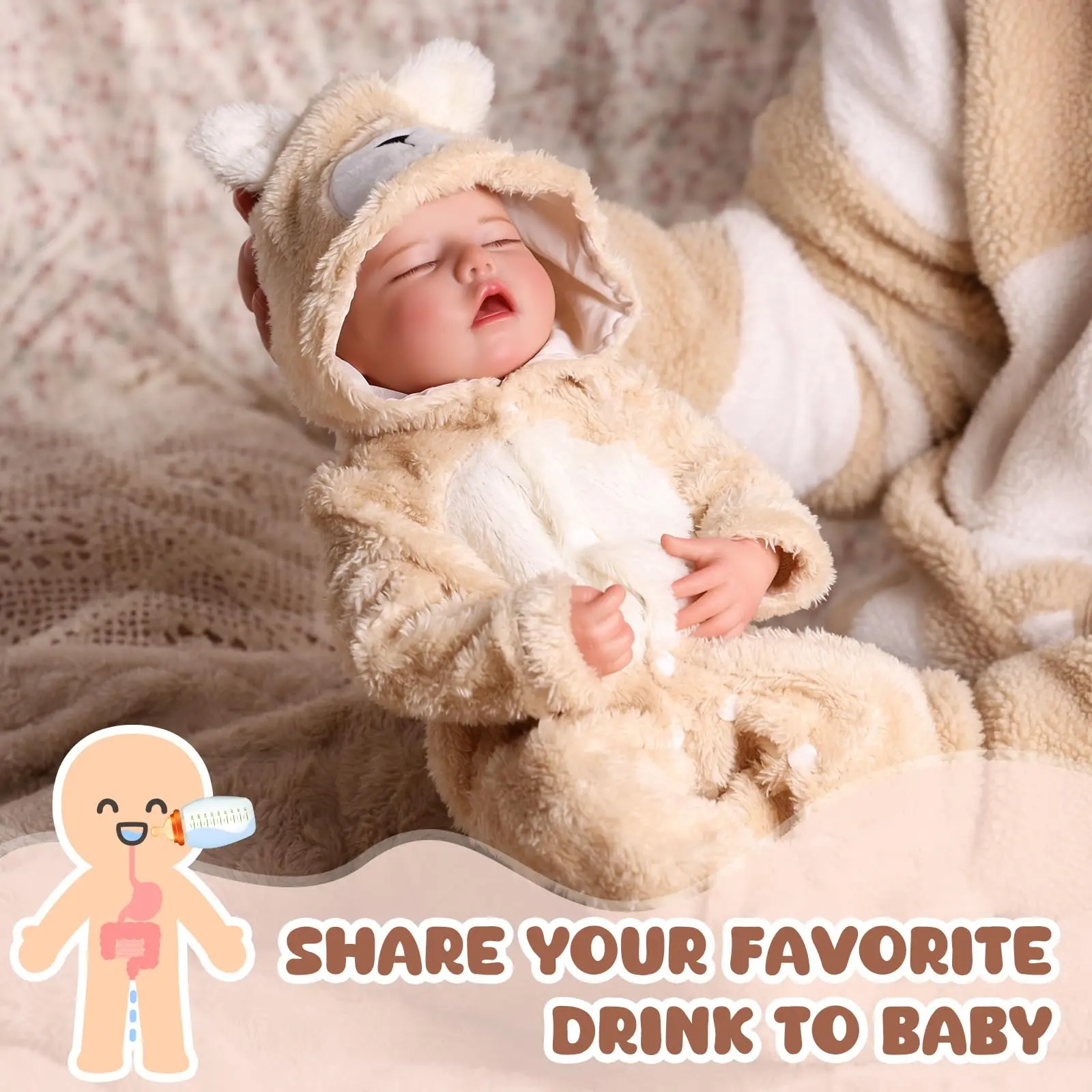 BABESIDE 17-Inch Lifelike Newborn Girl Doll, Realistic Rebirth Drink and Wet Doll with Full Body Soft Vinyl, Bear Outfit, Soft Cuddly Gift for Kids Age 3+, Lifelike Newborn Doll