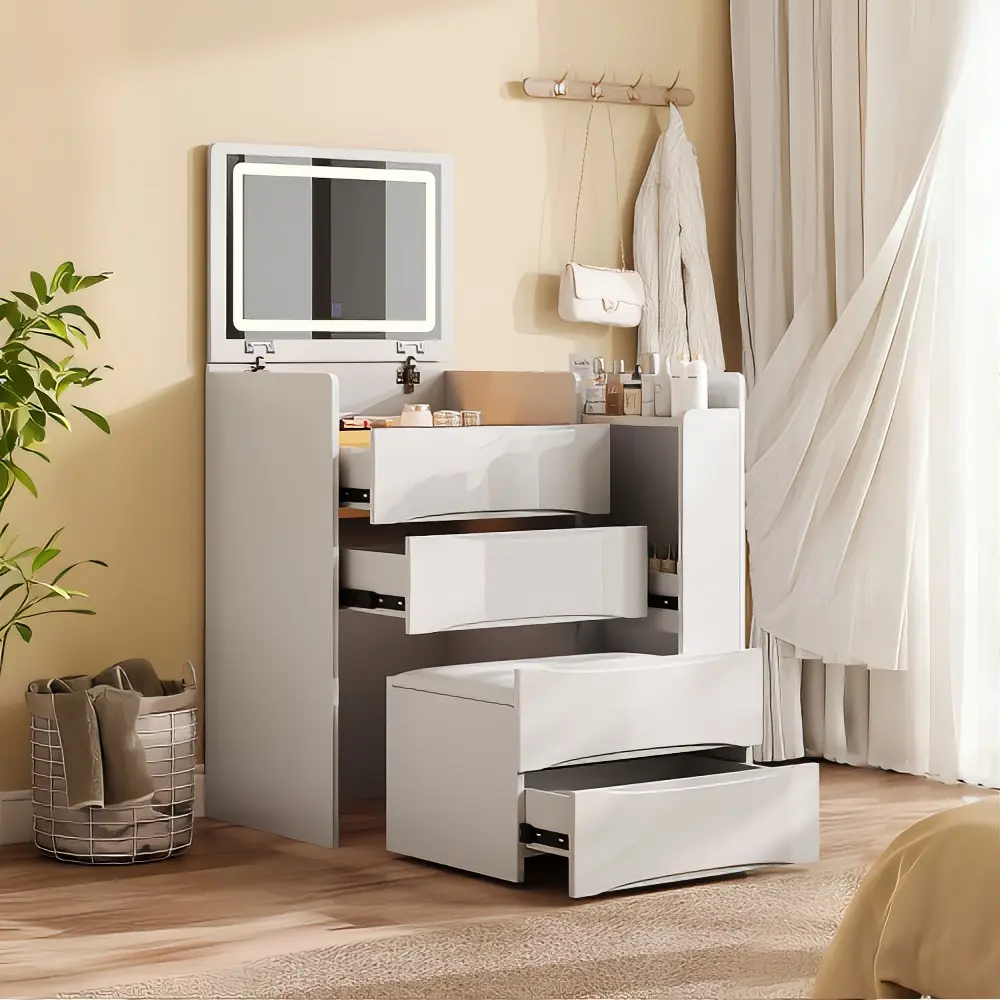 Modern White Bedroom Dressing Table with Mirror, Drawers for Organization and Storage