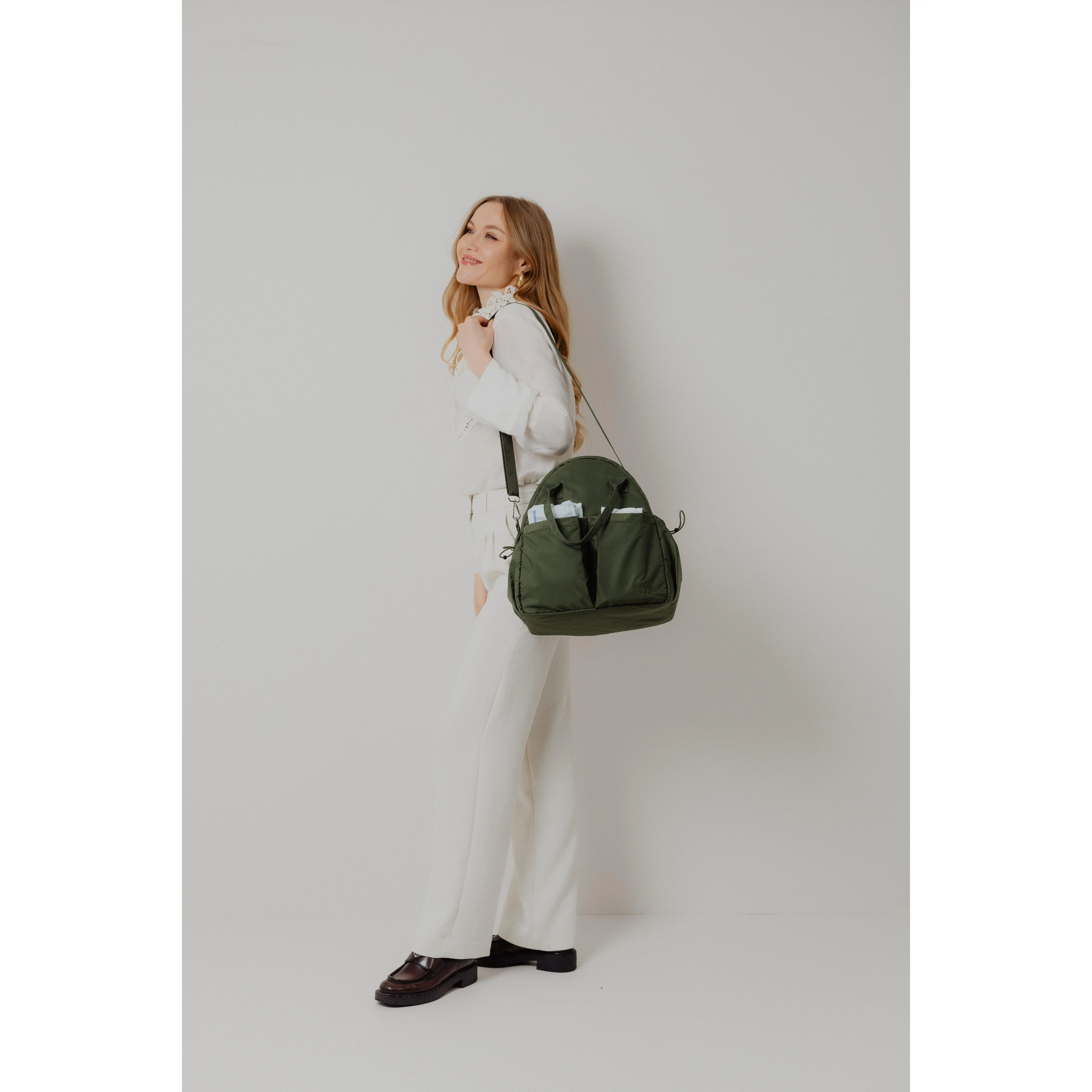 Kiplie Green Nylon Mommy Bag - Basic Diaper Tote for Parents with Multipockets, Crossbody Strap, Carry Handle, Lanyard, Insulated Compartment, Wipe-Clean Surface, Removable Washable Parts, Baby Maternity Travel Gear, Diaper Purse