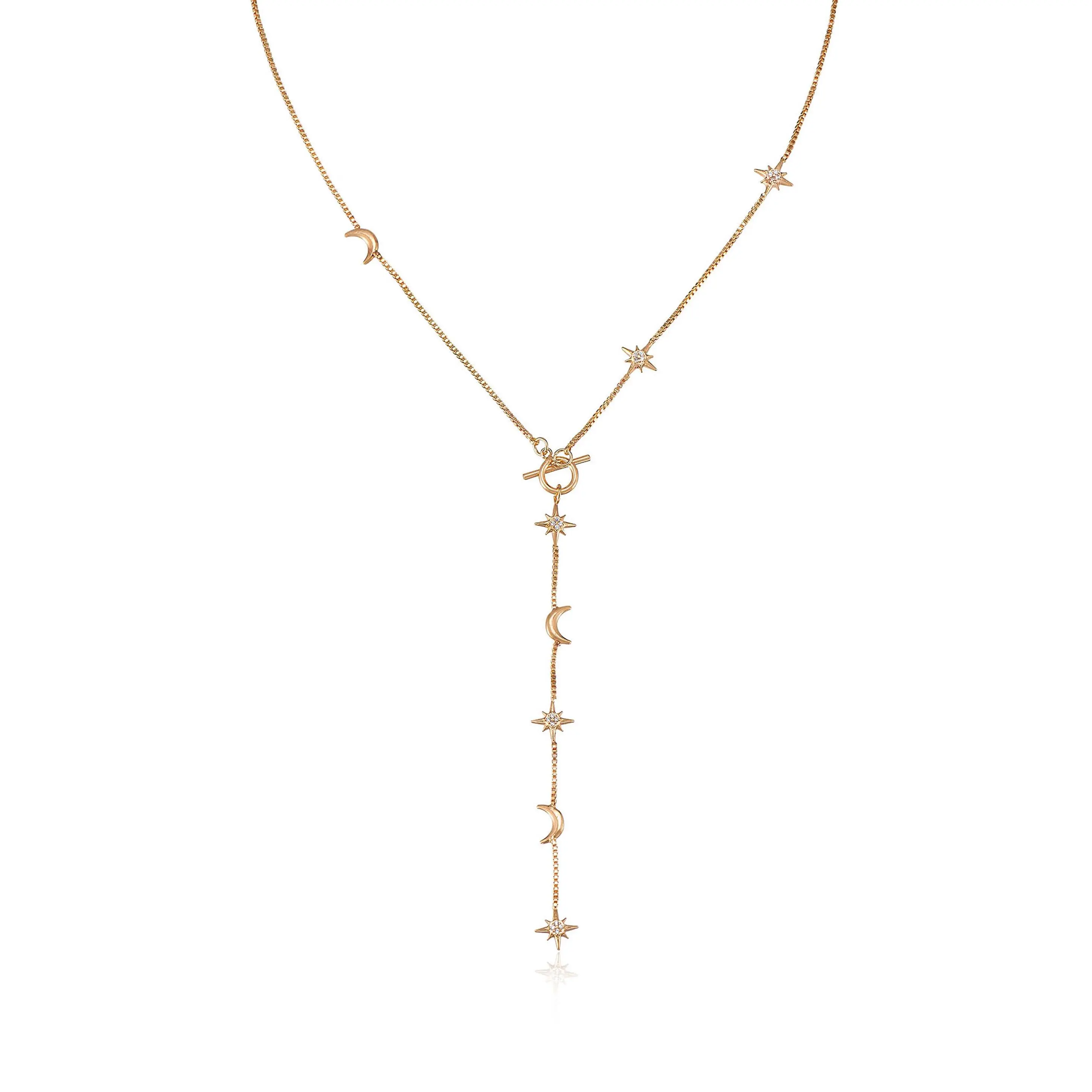Ettika Delicate Celestial Lariat Necklace - 18 Inch Gold Tone or Rhodium Plated Brass with Cubic Zirconia Sparkle for Elegant Outfits