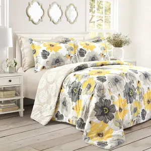 Lush Decor Leah 6 Piece Comforter Set with Floral Design, Yellow and Black Patterns, Includes Pillows and Blanket