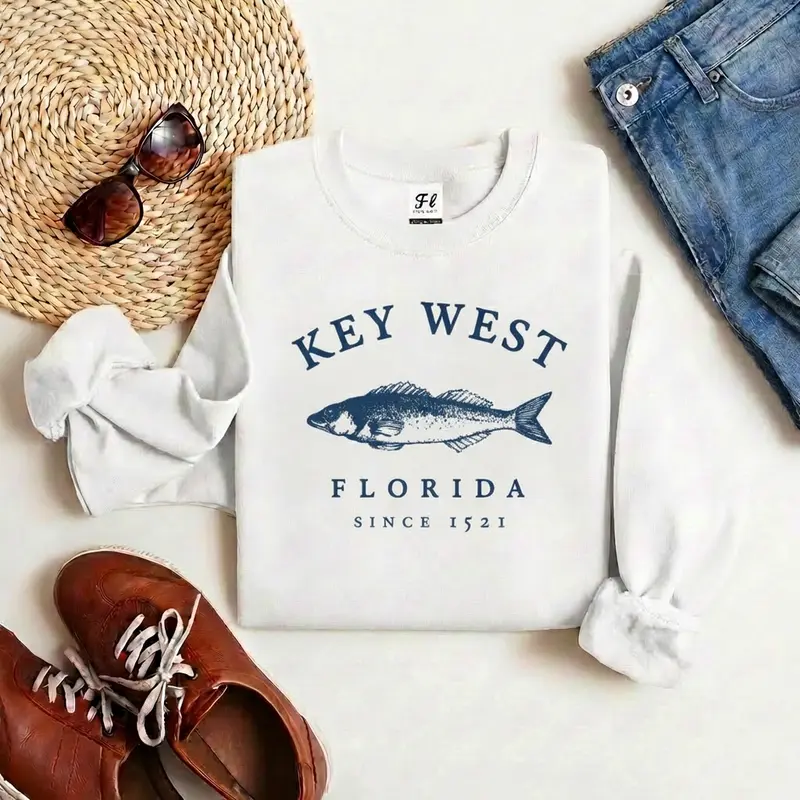 Key West Florida Fish Graphic Crewneck Sweatshirt Vintage Coastal Retro Pullover Top for Women Unisex Oversized Loose Fit Cotton Blend Long Sleeve Travel Beach Souvenir Apparel Casual Breathable sweatshirts for women
