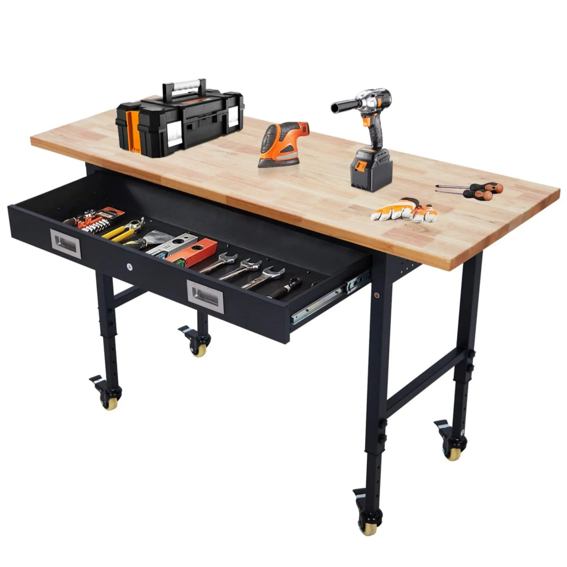 GARVEE 60x22 in Heavy-Duty Rubber Wood Top Workbench Desk, Adjustable Height Worktable with Drawer Storage, Power Outlet, 4 Lockable Wheels, 2000lbs Load Capacity for Garage Workshop