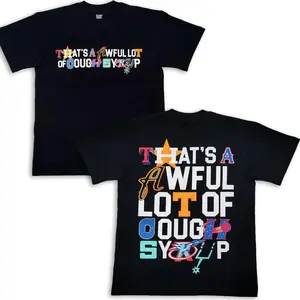 Bold Letter Mosaic Graphic Tee – Oversized Black T-Shirt with 'That’s a Awful Lot of Cough Syrup’ Patchwork Typography and Playful Icon Motifs, Unisex Streetwear Statement Tee for Fashion