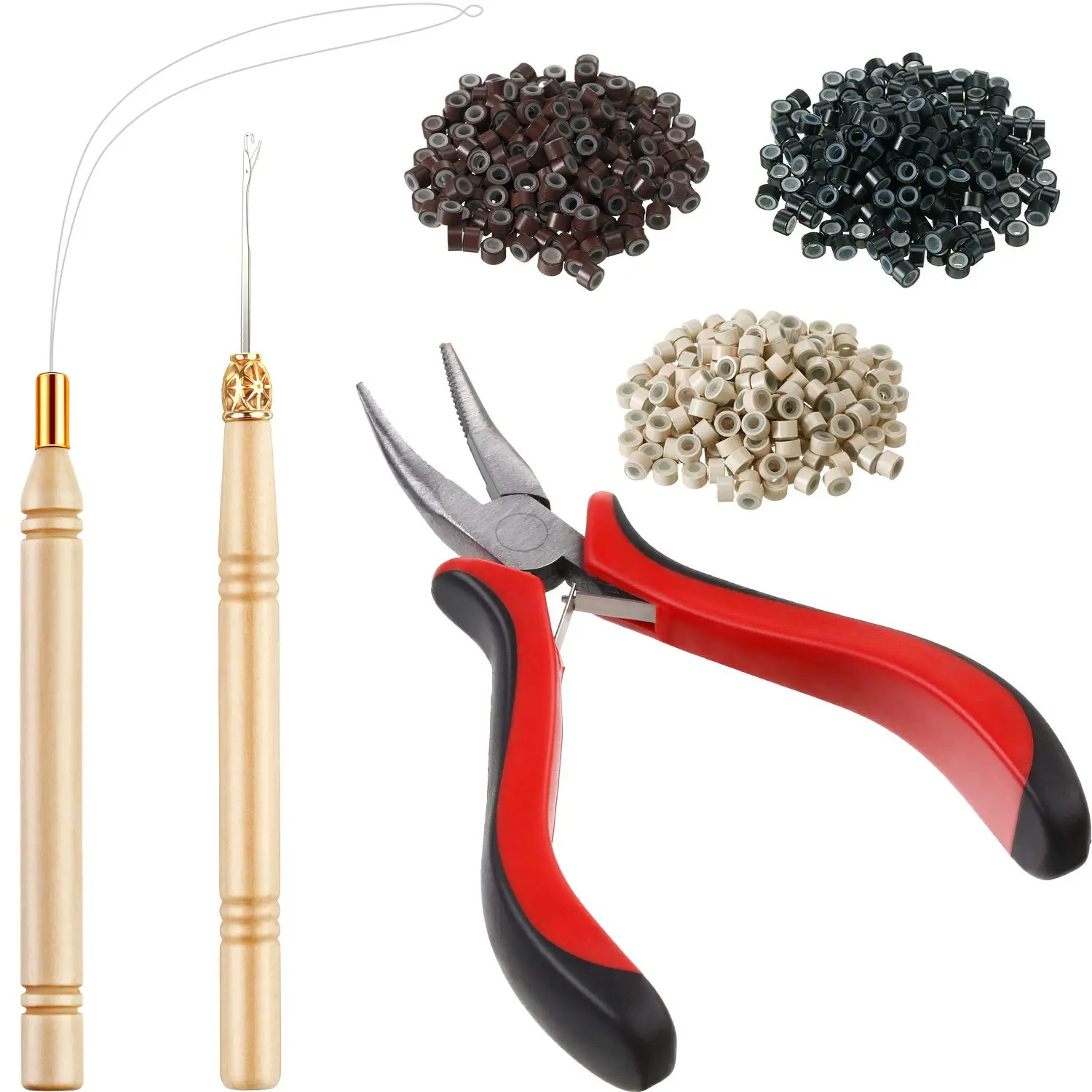600-Piece Wood Anti-Slip Hair Extension Tool Kit - Soft Silicone Beads Lining, Curved Head Plier, Hook, Needle, 3-Color (Black, Blonde, Brown) Micro Rings, Comfortable to Use, Great Helper for Barbershops, 600 Pieces