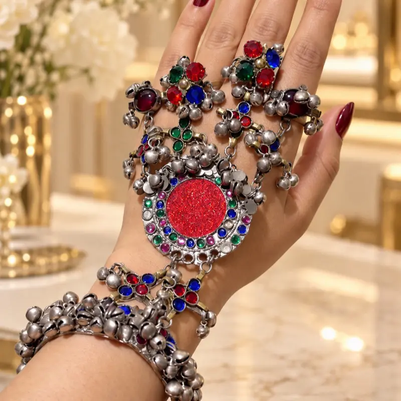 Traditional Afghan Kuchi Silver-Tone Bangle Bracelet Set – Multicolor Jewelry