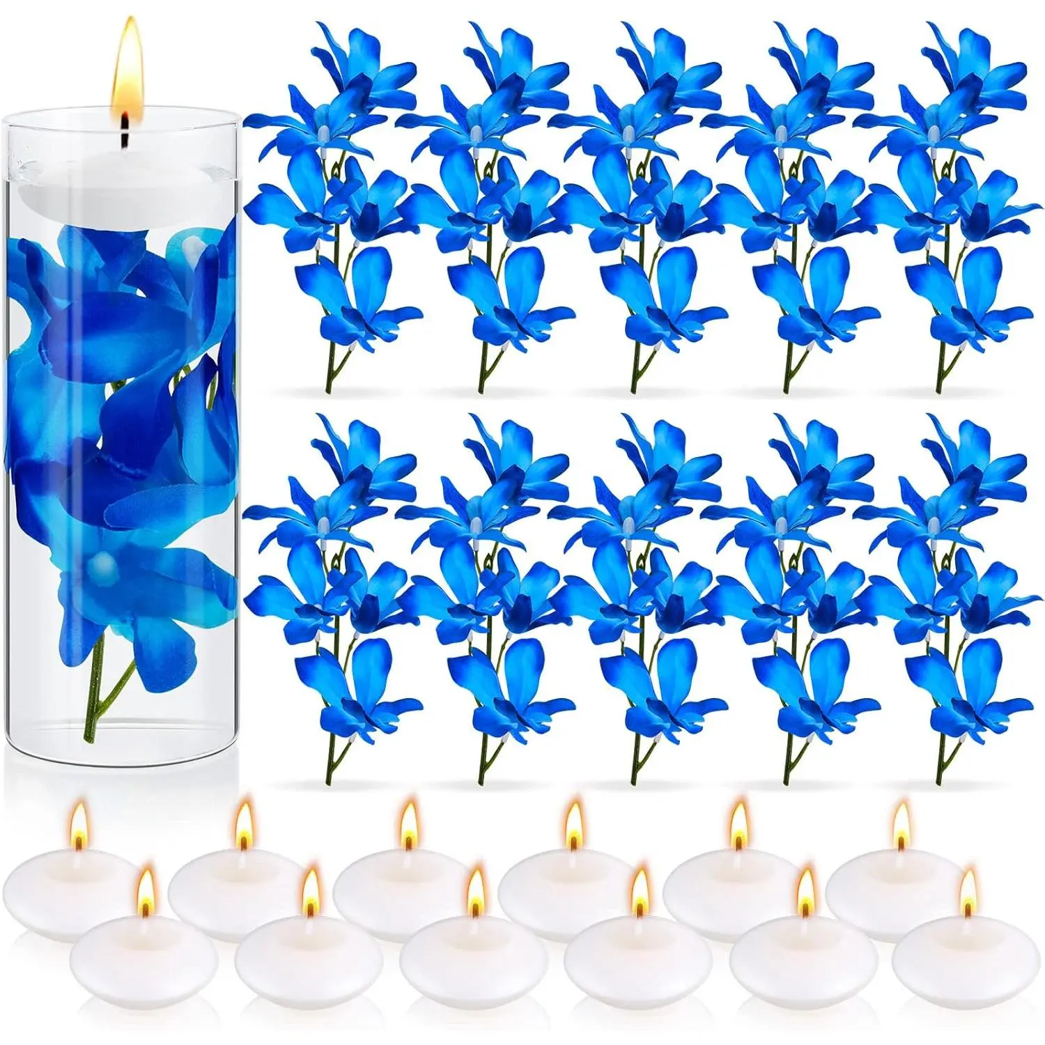 28-Piece Odourless Floating Blue Orchid Decorations with Floating Candles, Table Centerpiece Vase Fillers for Wedding, Home Party Supplies