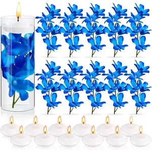 28 Pieces Floating Flowers for Centerpieces Blue Orchid Flowers Vase Fillers Unscented Floating Candles for Wedding Table Party Home Decoration