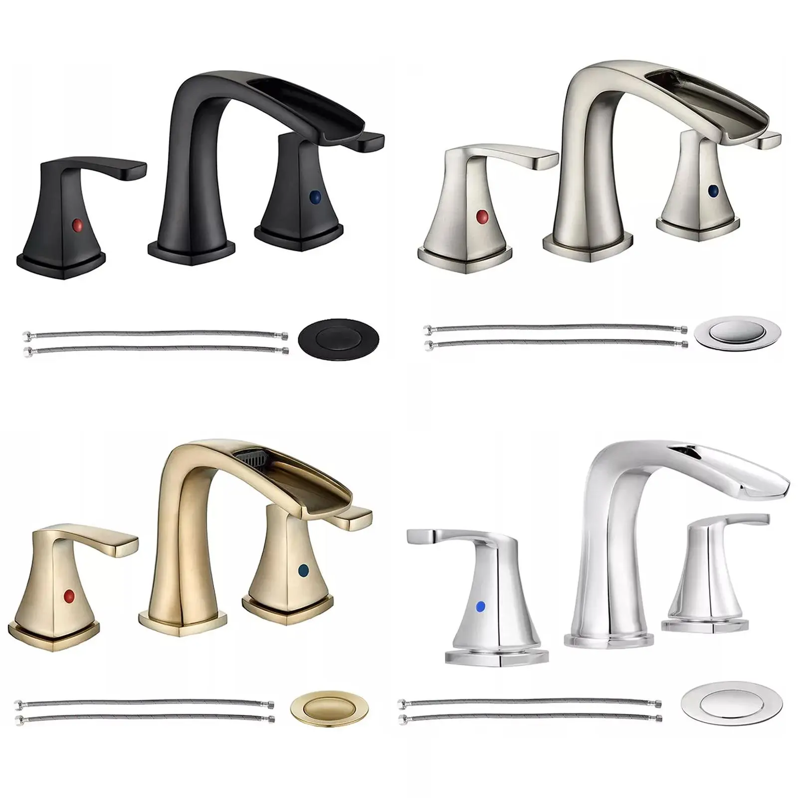 Modern Waterfall Widespread Bathroom Faucet with Dual Handles, Adjustable Flow Control, Pop Up Drain, Lead-Free Brass Body, Ceramic Valve for Smooth Hot/Cold Mix, Includes Supply Lines - Chrome, Brushed Nickel, Matte Black, Brushed Gold