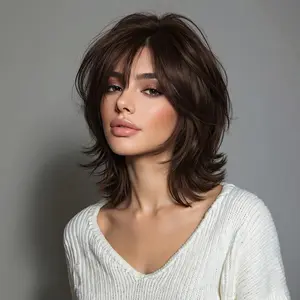 Wigs for White Women Brown 11Inch Bob Wig Synthetic Wig for White Women Synthetic Wig with Bangs, Glueless Realistic Scalp, Heat-Resistant, Daily Use (Brown）