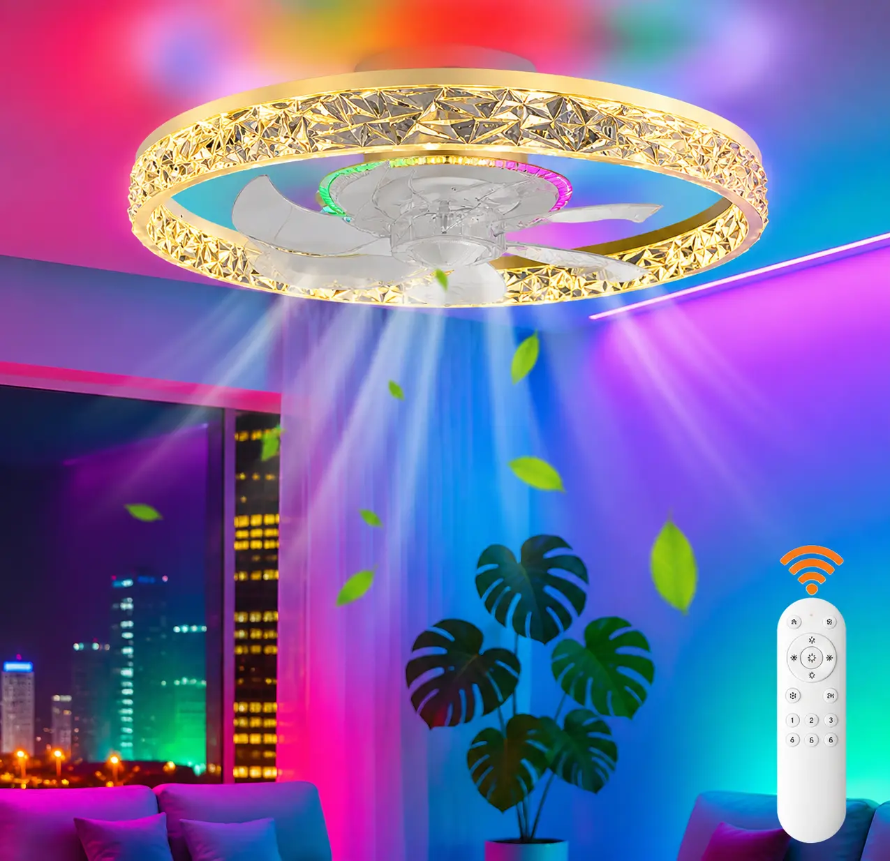 Ceiling Fan with RGB Lights Remote Control, 19/13 Inch LED Light Flush Mount Low Profile Ceiling Fan with 6 Speeds & 3 Color Temperature 3000-6000K Dimmable RGB Light for Living Room Bedroom