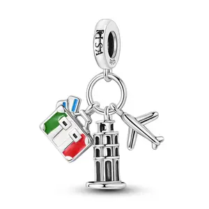 MULA S925 Silver-plated Leaning Tower of Pisa pendant, Italy travel souvenir pendant, compatible with Pandora bracelets, ideal gift for women and girls on anniversaries and travel memories