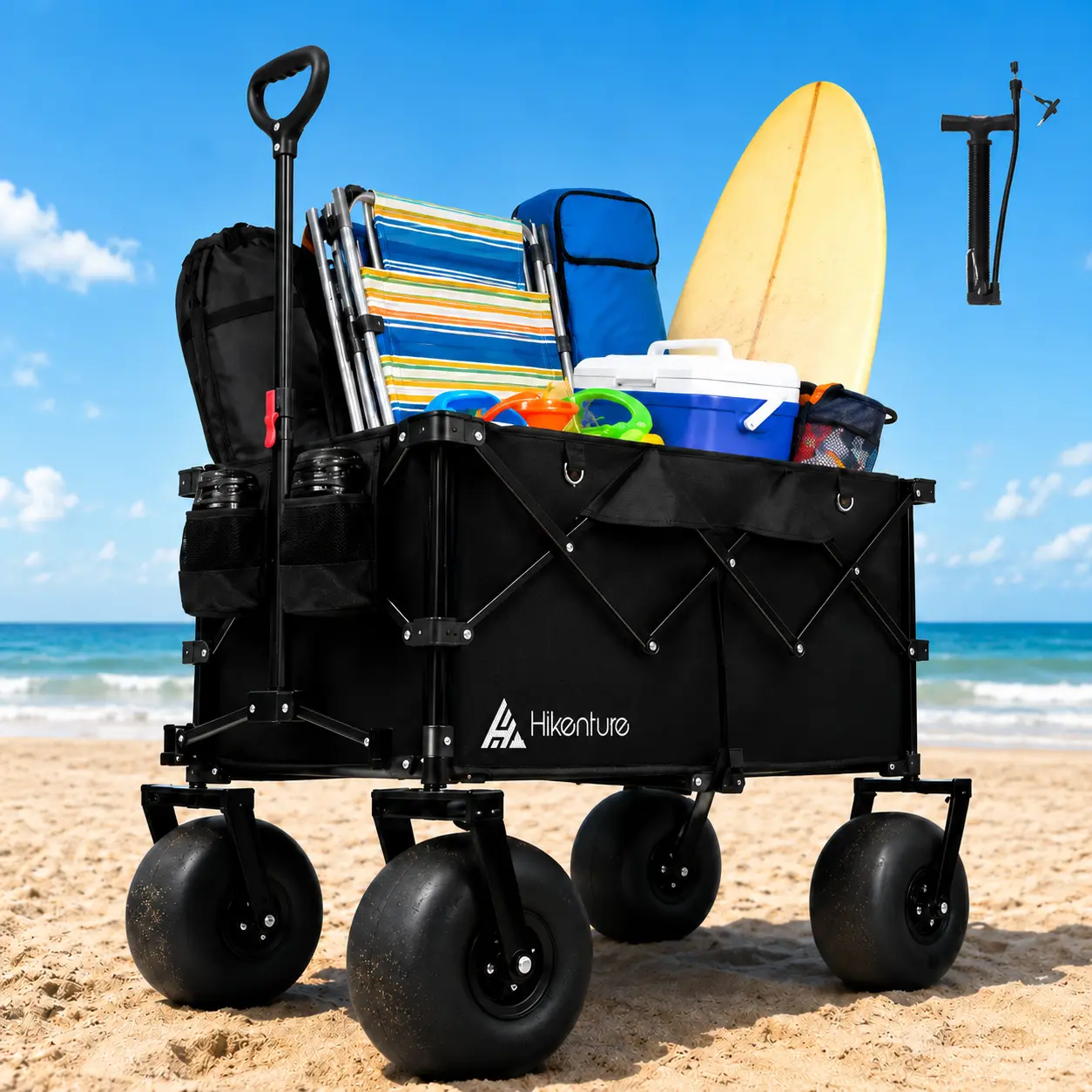 Hikenture Beach Wagon with Balloon Wheels, 9" PU Tires Collapsible Wagon, 440lbs Heavy Duty Beach Cart with Big Wheels for Sand, Large Capacity Utility Wagons Carts,Beach dolly