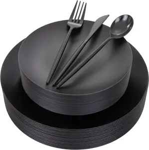 150pcs Black Plastic Plates Frosted Plastic Plate,Premium Heavy Duty Black Plastic Plates,Black Disposable Plates with Plastic Silverware,10.25" Dinner Plates and 7.5" Dessert Plate Wedding Party