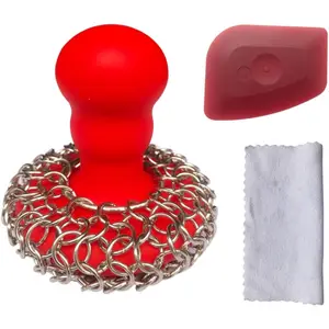 316 Upgraded Chainmail Scrubber with Silicone Handle Cast Iron Cleaner for Cast Iron Grill Pan Skillet Wok Bakeware Ergonomic to Hold Easy to Use