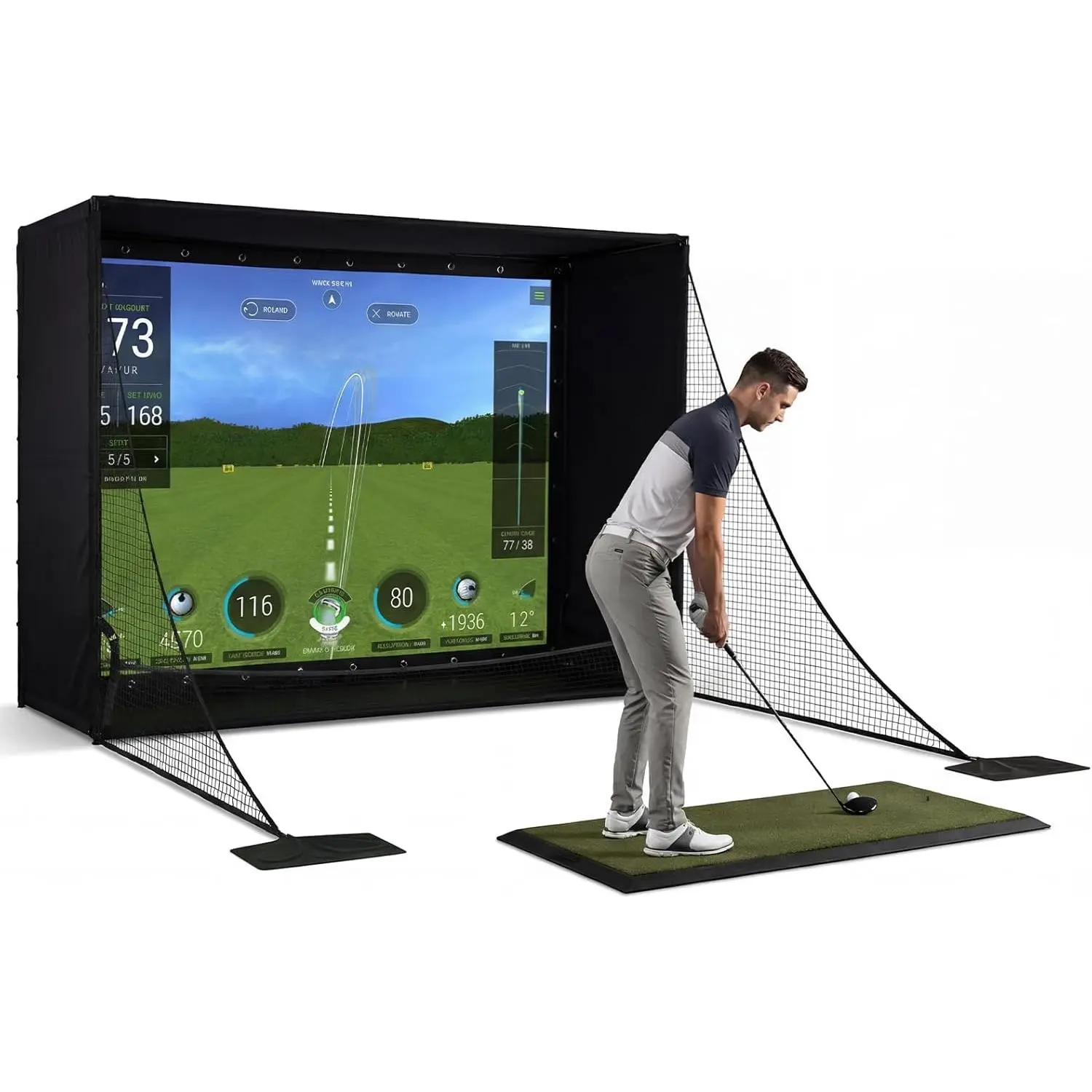 11 x 8 FT Complete Golf Simulator Enclosure Package, 4K Impact Screen Blackout Cage with Frame Poles, Side Nets & Sandbags, Portable Indoor Garage Golf Practice Kit