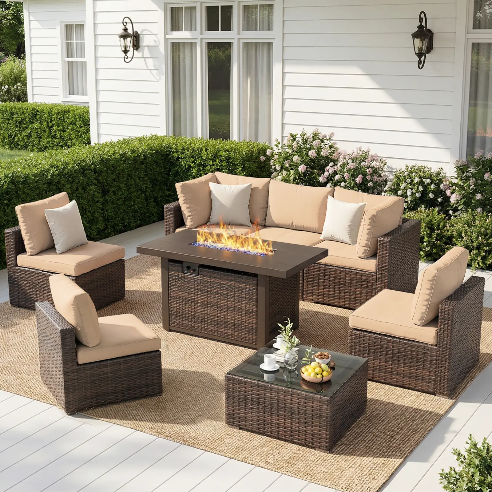 8-Piece Outdoor Patio Furniture Set - 3-Package Shipping, 50000 BTU Propane Gas Fire Pit Table, PE Rattan Corner Sofas, Extra Thick Cushions, Glass Coffee Tables, Easy Setup Modern Lounge Conversation Set (Mother’s Day Gift Option)