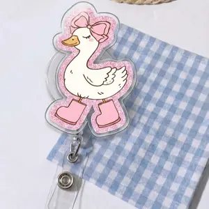 Cute Coquette Duck Badge Reel • Pink Bow Glitter Acrylic ID Holder for Nurses • Retractable Badge Holder for Teachers • Cute Animal Office Gift