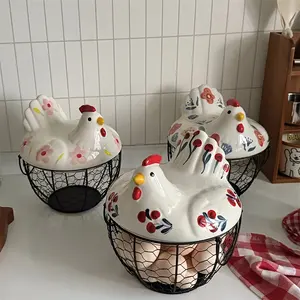 Farmhouse Style Ceramic Chicken Egg Basket with Metal Wire and Lid, Decorative Multi-Functional Kitchen Storage Box for Eggs Fruits Vegetables, Food Storage Organizer