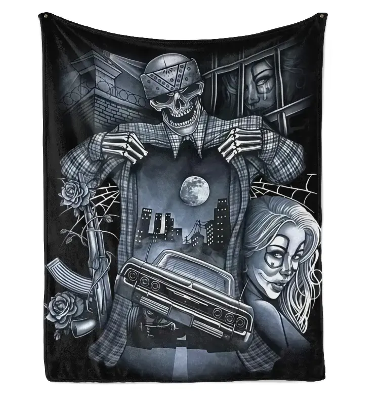 Chicano Style Skeleton & Lowrider Flannel Throw Blanket, Ultra Soft Cozy Fleece Blanket with Urban Gang Art, All-Season Blanket for Man Cave & Bedroom