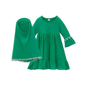 Muslim Ramadan Skirt Women's Small Size Middle Eastern Traditional Spring and Autumn Long Sleeve Dress + Headscarf Two-Piece Children's Clothing