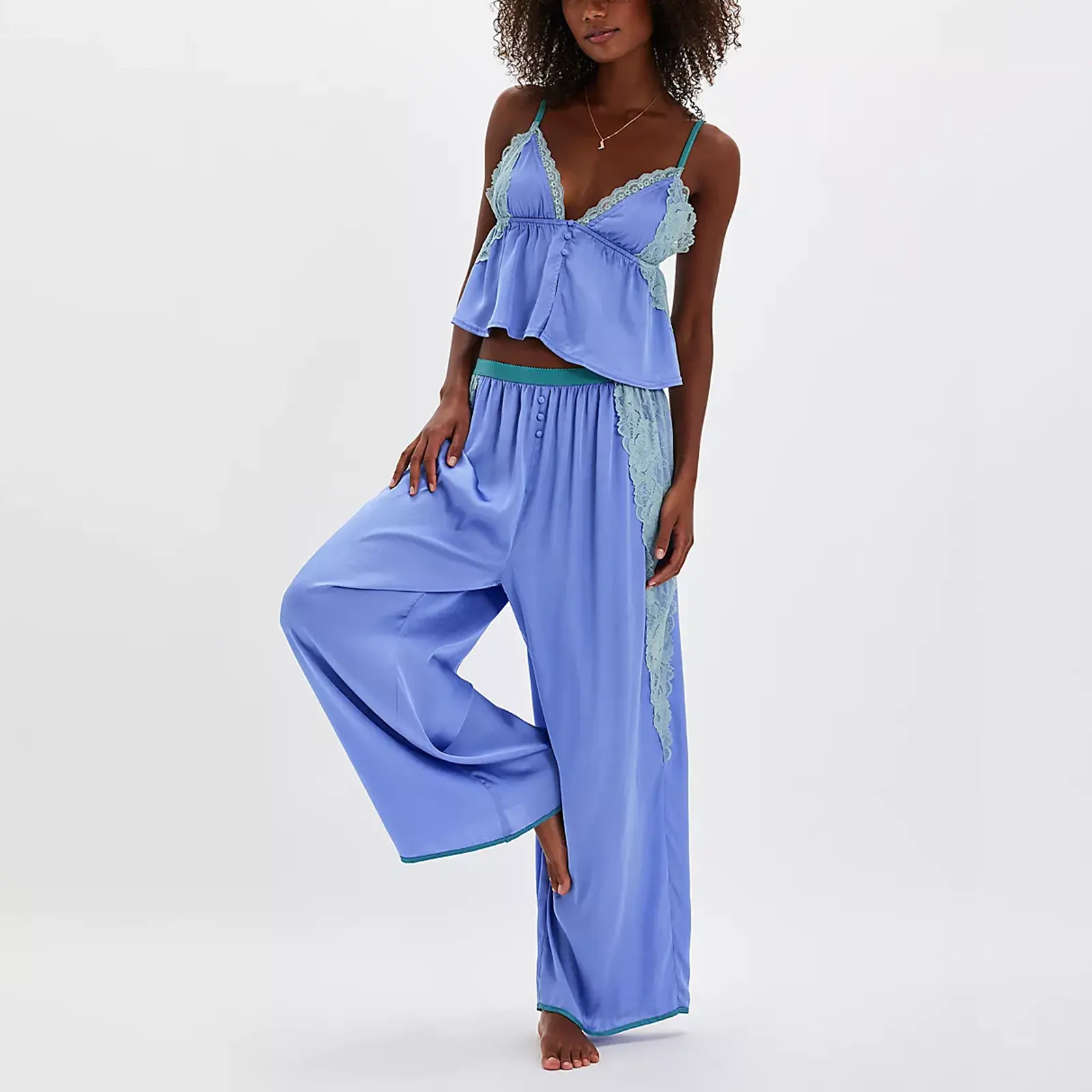 Women's Pajama Sets Lace Patchwork Spaghetti Strap Ruffled Cami Tops with Loose Pants 2Pcs Soft Sleepwear