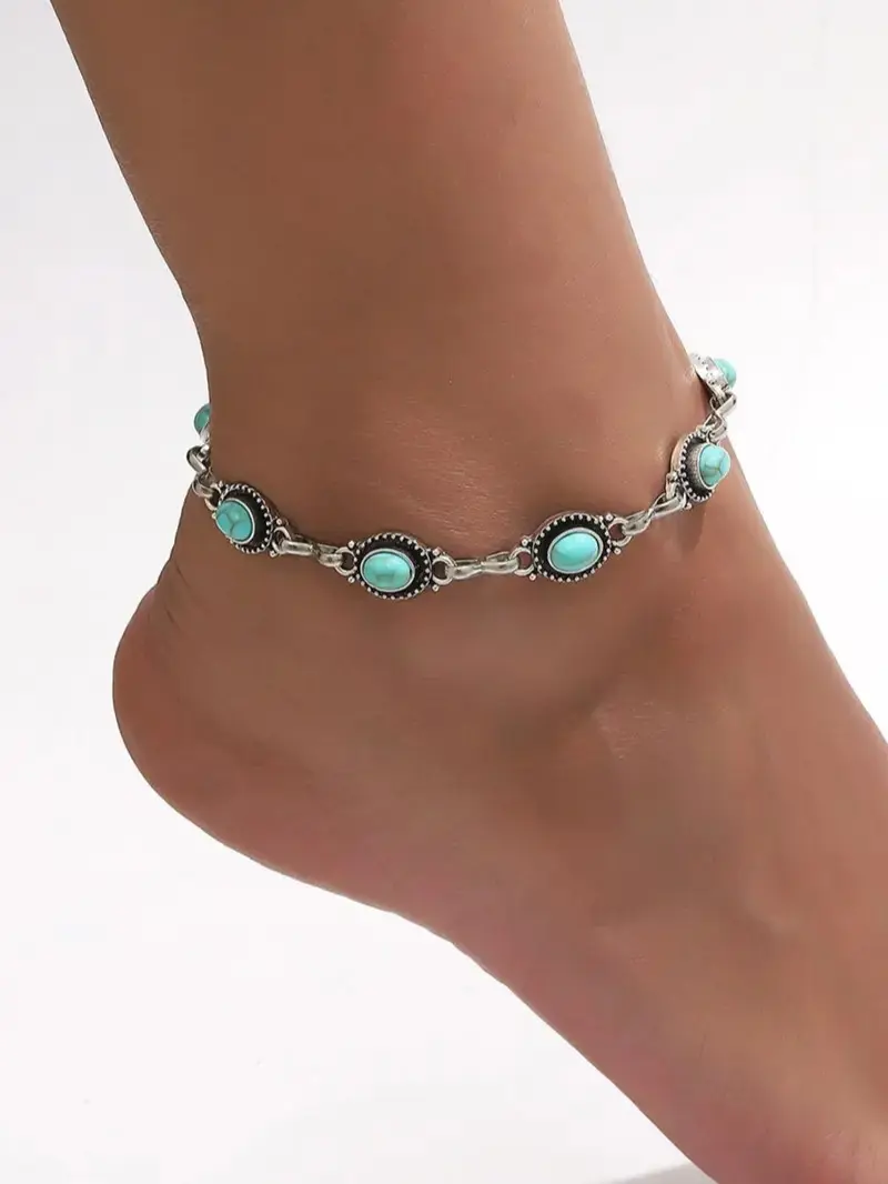 September Laurel Vintage Turquoise Texture Anklet for Women, Fashion Retro Beaded Anklet for Party, Daily Decor, Trendy All-match & Exquisite Body Jewelry for Birthday Gift, Mother's Day Gift