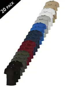 Men's 20-Piece Multicolor Short Sleeve T-Shirts, Comfortable Breathable Slim Fit, Quick-Dry Casual Daily Wear, All Seasons, Loose