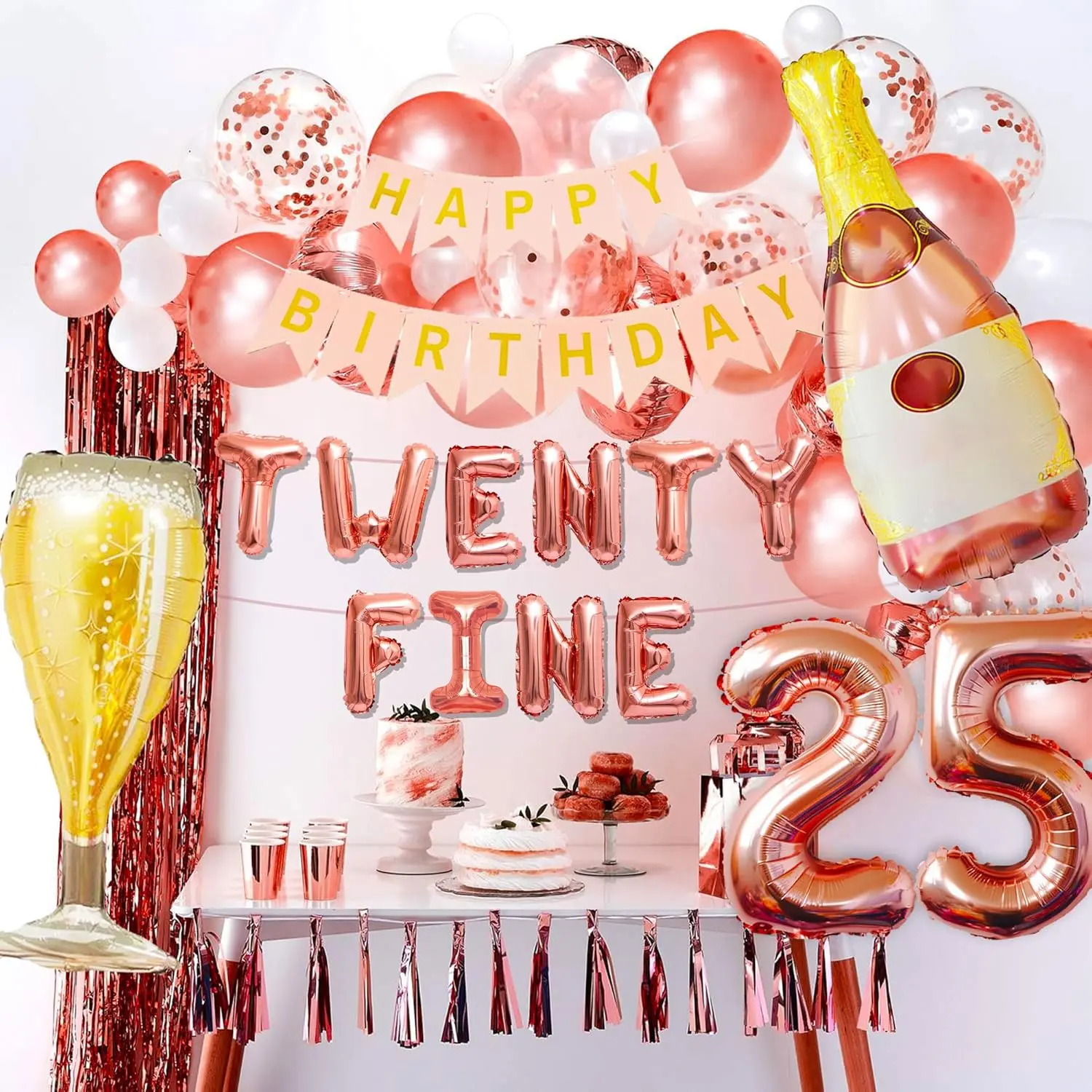 Rose Gold 25th Birthday Balloons - Funny Happy Birthday Decoration with 25 Number Balloons