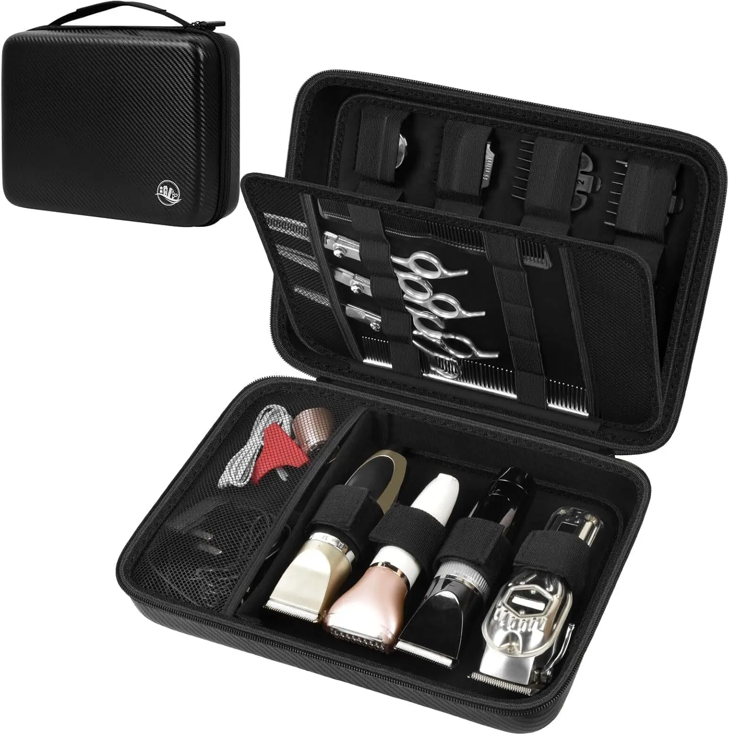Men's Black Hard Shell Barber Bag for Hair Cutting Grooming Supplies - Shockproof Multi-Compartment Travel Organizer with 4 Clippers Base, 12 Guards, Velcro Strips, Adjustable Straps, Zipper Closure, Mesh Pocket (12.59x9.05x1.57in, 13.38x9.44x3.54in)