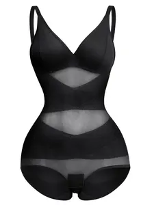 Women's Solid Sheer Contrast Mesh Padded Shapewear Bodysuit, Deep V Neck High Stretch Butt Lift Tummy Control Shapewear Cami Bodysuit, Women's Shapewear, Minimalist