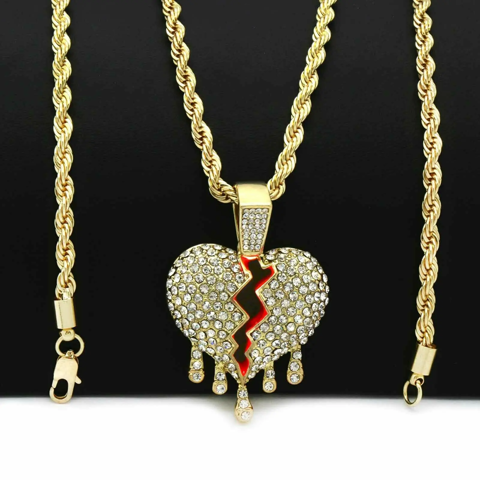 MaxBling81 Broken Heart Drip Iced Cubic Zirconia Statement Necklace, 4mm Gold Plated Brass Rope Chain, 18-20-24in Long Chain, Hip Hop Celebrity Style Pendant, Costume Jewelry Accessory Gift, Cubic Zirconia Necklaces, Gold Plated Chain